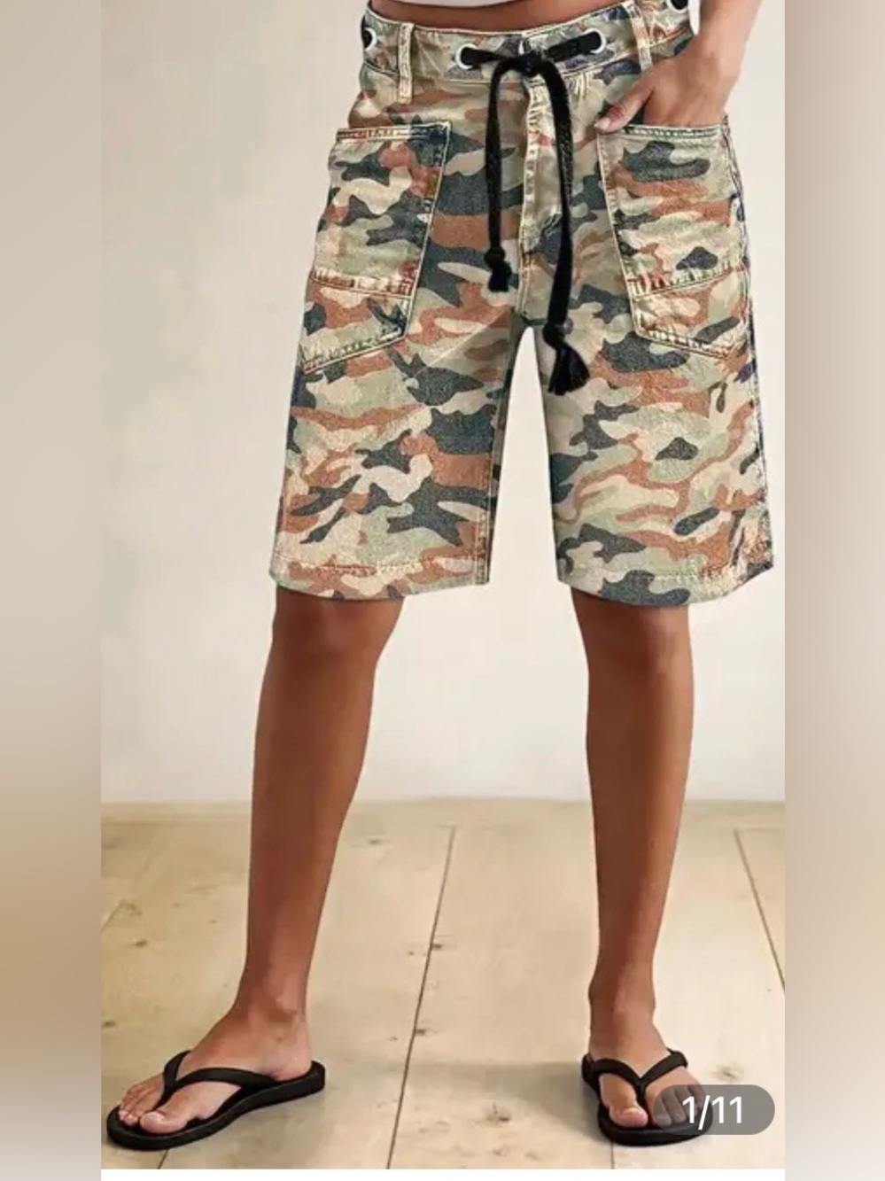 Flamingals Camo Print Patch Pocket Eyelet Drawstring Mid Rise Bermuda Shorts